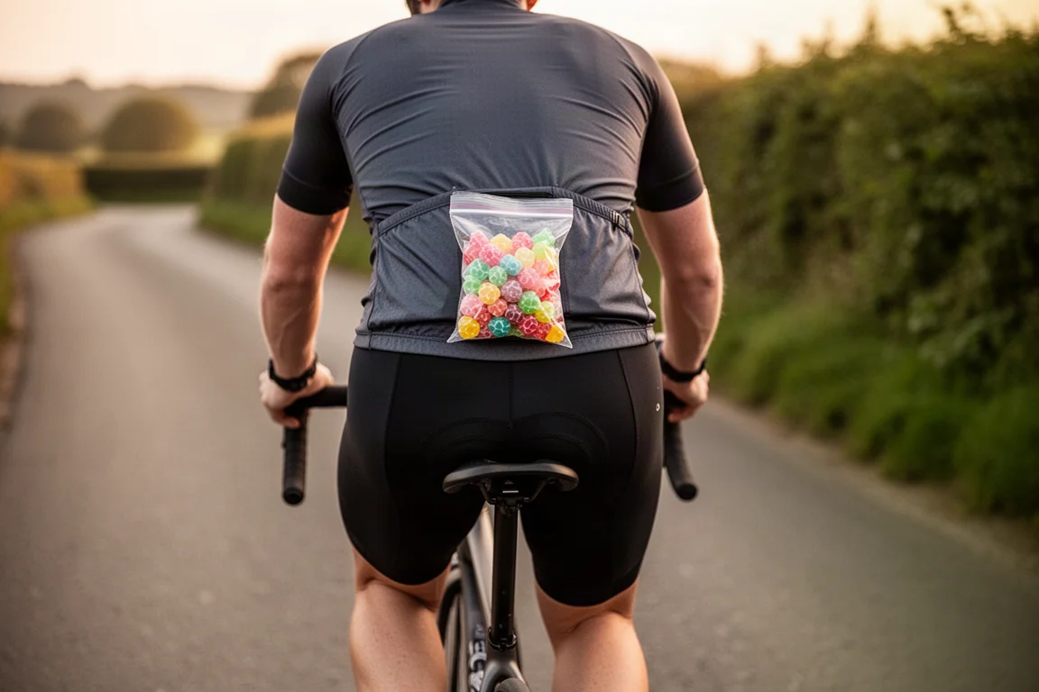 Rückansicht eines Radfahrers auf einer Landstraße mit Süßigkeiten in der Trikottasche