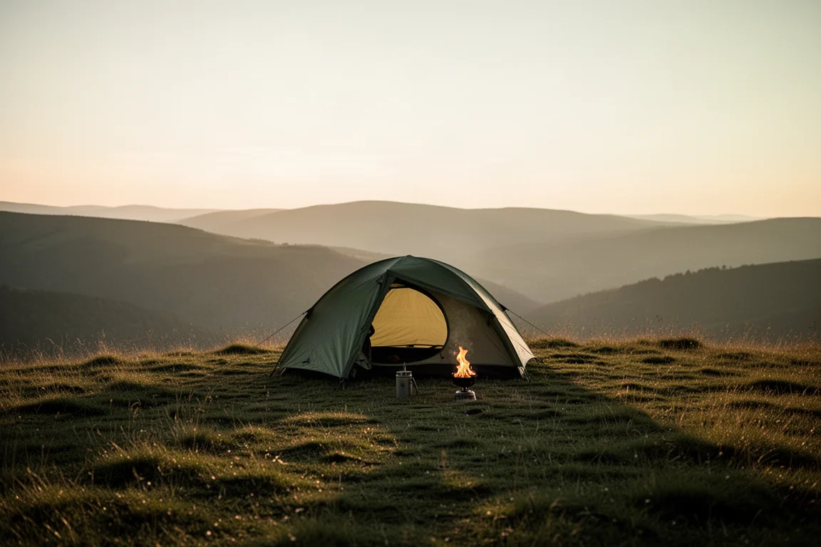 Tenda piccola montata su un crinale erboso all'ora d'oro con un fornello acceso nelle vicinanze
