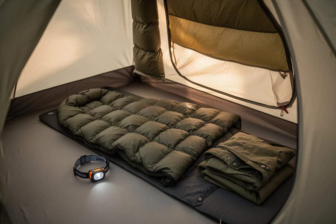 Quilt in piuma steso su un materassino all'interno di una tenda con l'attrezzatura accanto