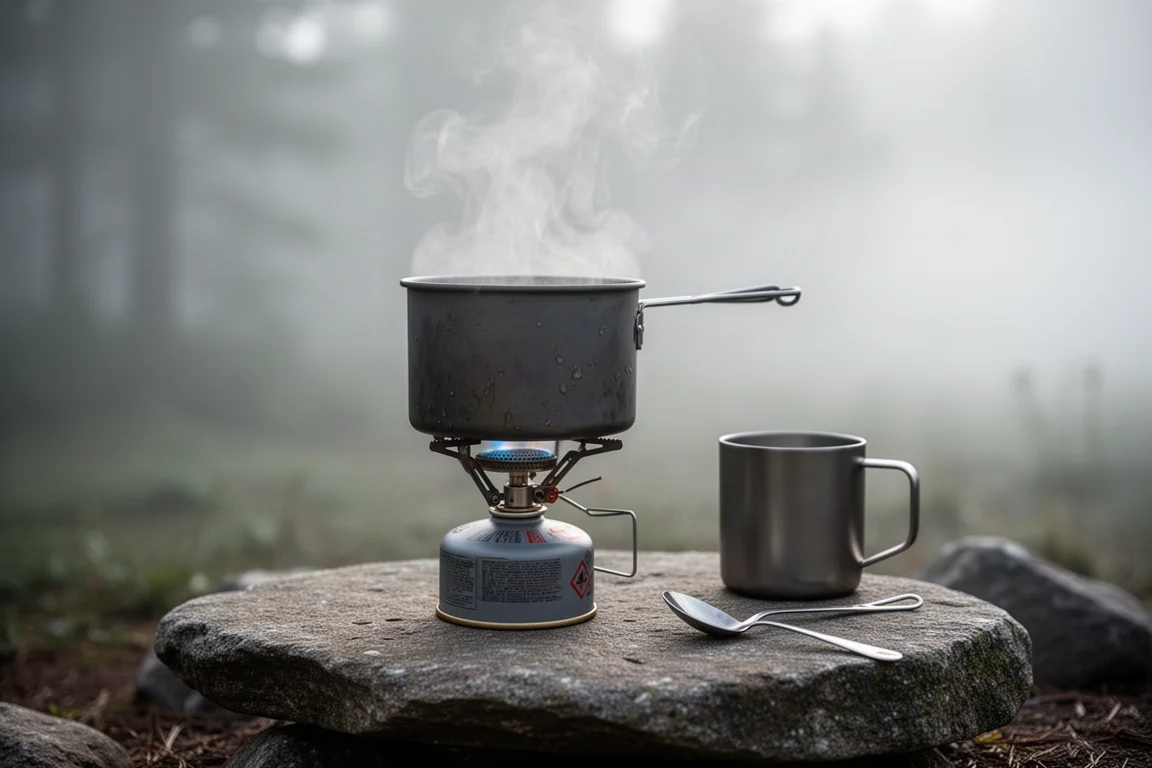 Fornello a cartuccia che fa bollire l'acqua in un campo nebbioso al mattino con una tazza accanto