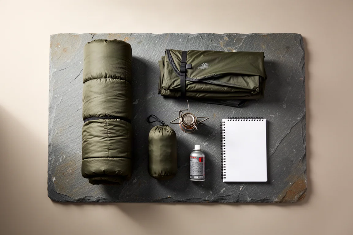 Flat-lay di essentials da backpacking tra cui un quilt, una tenda e un fornello su ardesia