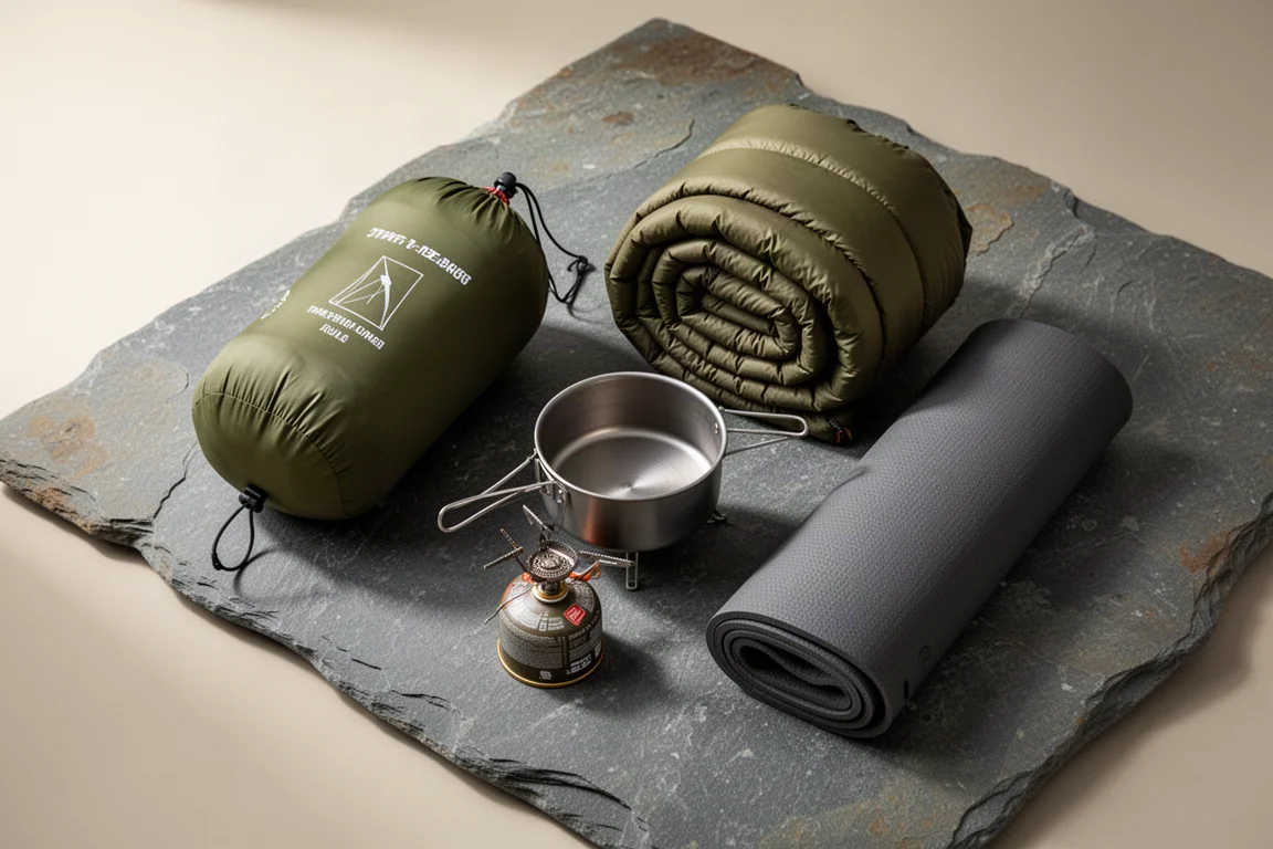Flat-lay of backpacking gear including a packed tent, down quilt and canister stove on slate
