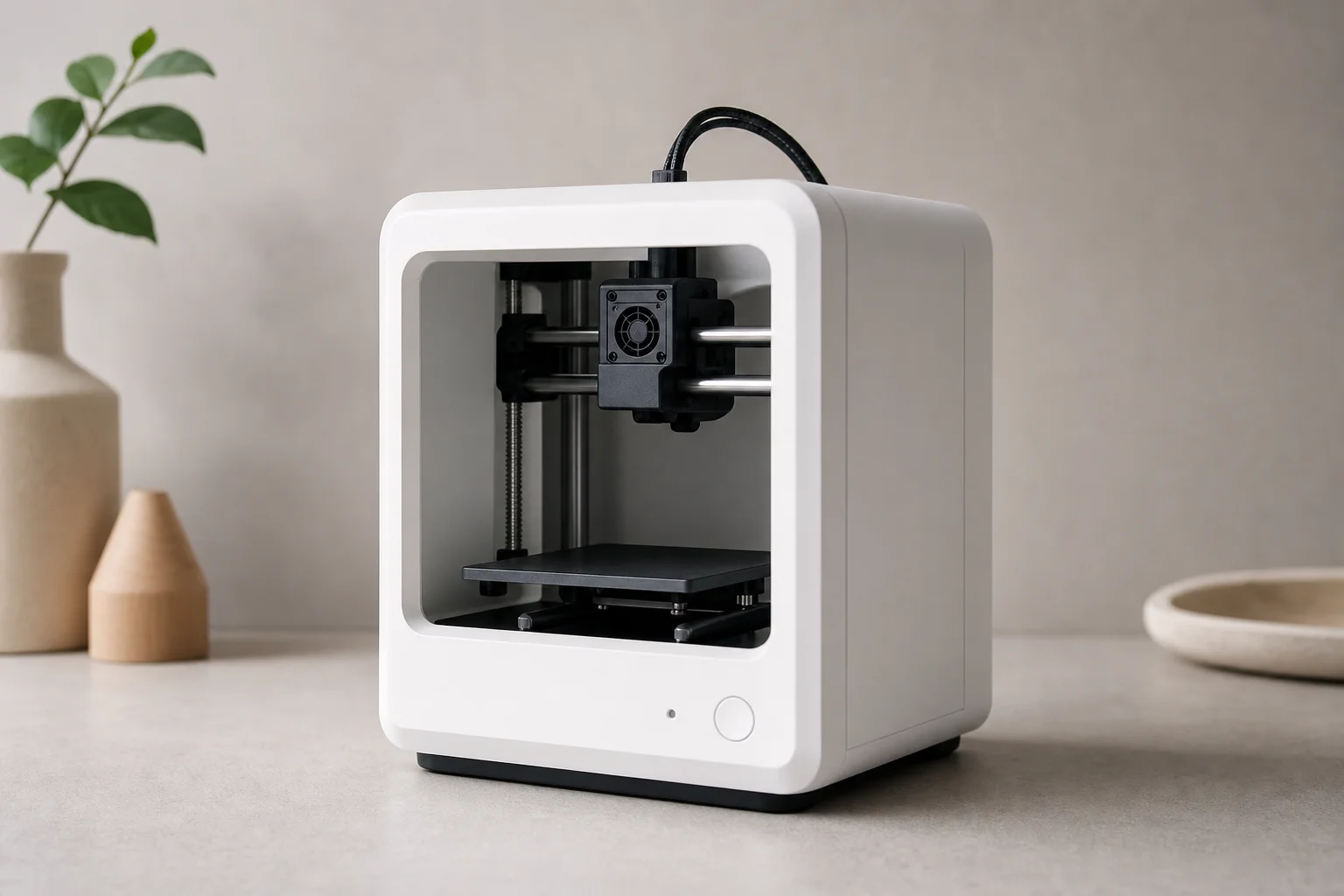 Kompakter 3D-Drucker mit minimalistischer Schnittstelle auf einer neutralen Arbeitsfläche