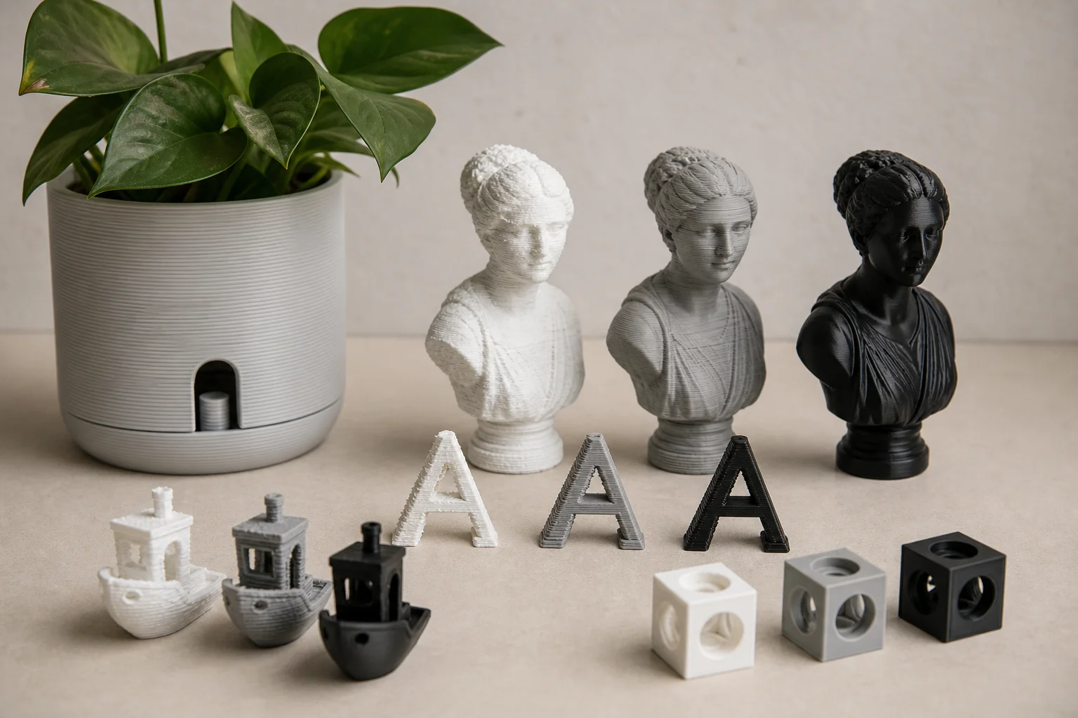 Mehrere 3D-gedruckte Objekte mit unterschiedlicher Qualität von verschiedenen Druckern