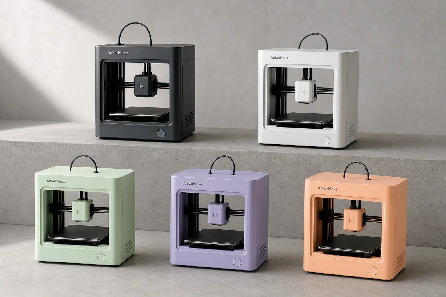 Cinque stampanti 3D economiche e compatte di colori diversi disposte su una superficie grigia