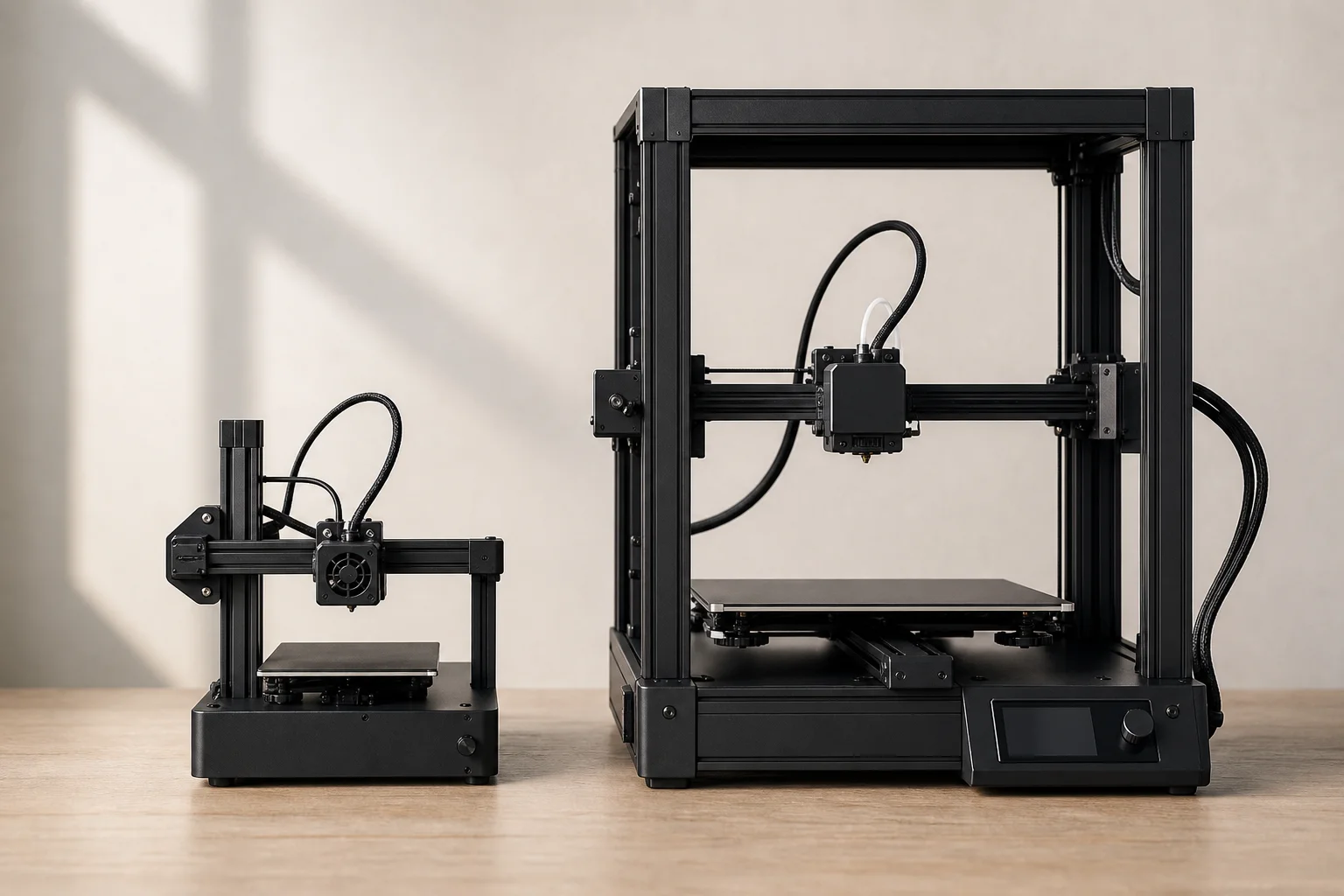 Kompakter 3D-Drucker neben einem größeren Referenzdrucker zur Verdeutlichung des Größenunterschieds