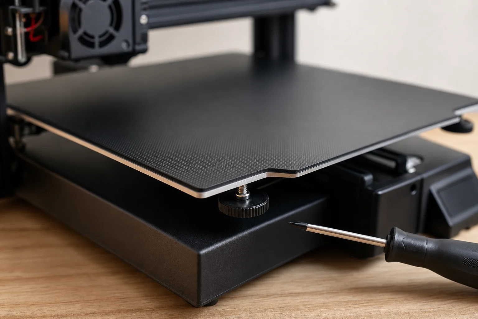 Nahaufnahme der Nivellierschrauben eines 3D-Druckers und des flexiblen Magnetbetts