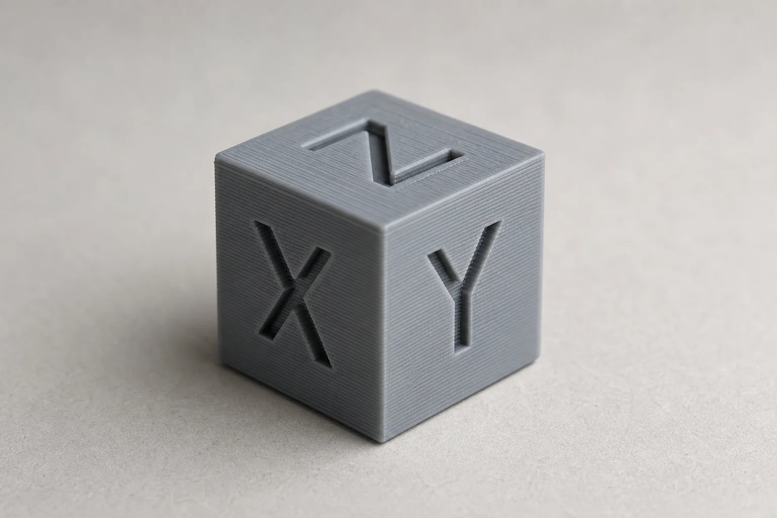 Kleiner 3D-gedruckter Kalibrierungswürfel zur Veranschaulichung der Schichtqualität und Maßhaltigkeit