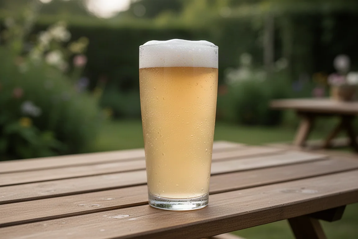 Uma cerveja de trigo pálida gelada servida em um copo sobre uma mesa de piquenique de verão