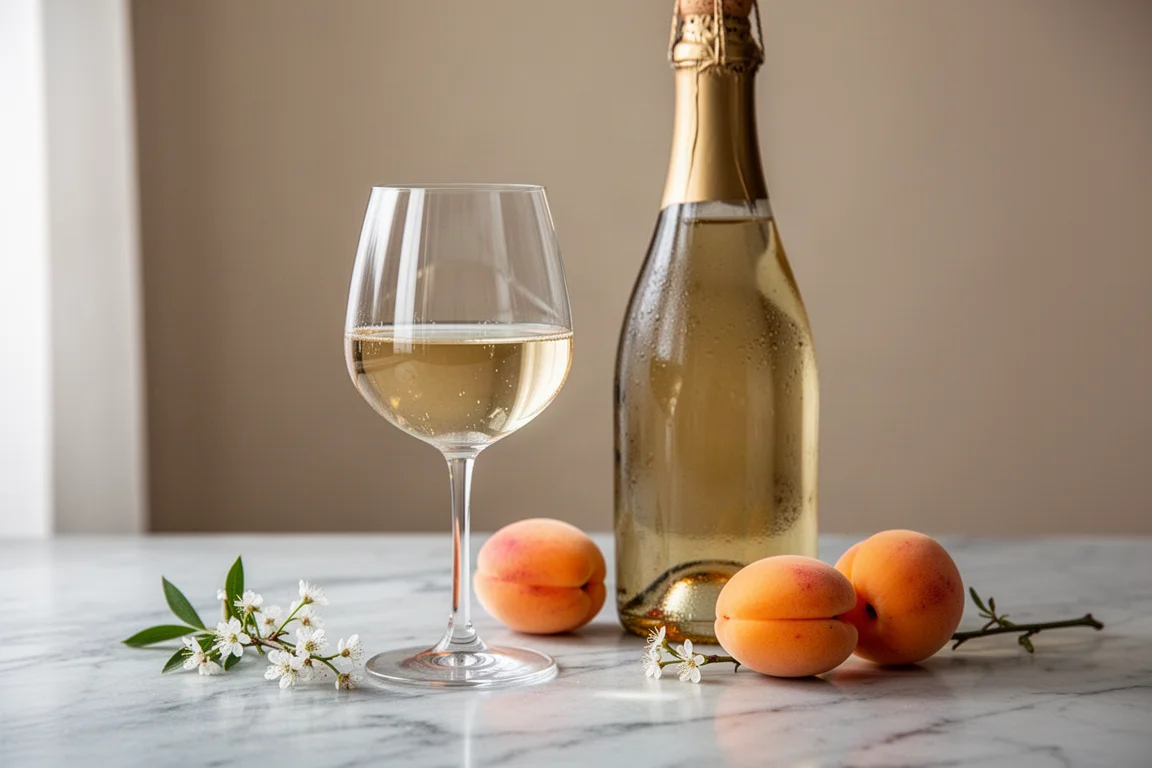 Uma taça de vinho branco gelada ao lado de uma garrafa aberta sobre uma superfície de mármore