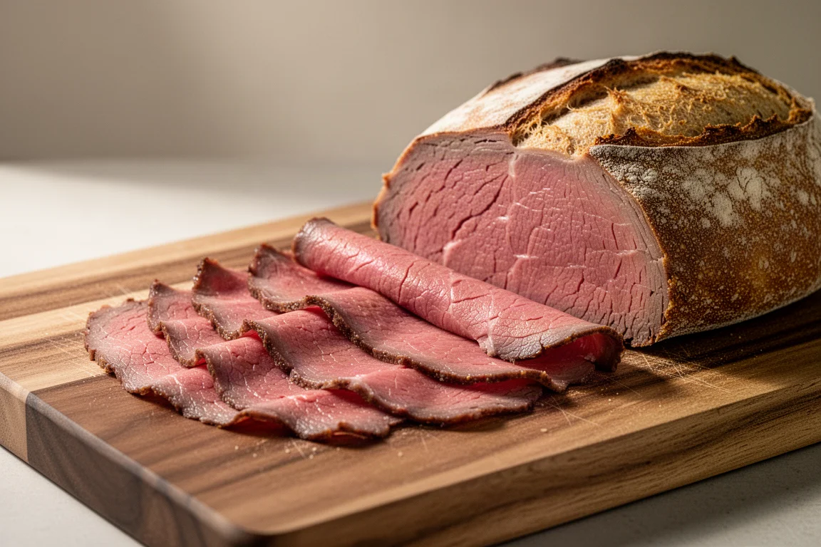 Fatias finíssimas de rosbife cortadas com capricho sobre uma tábua de madeira