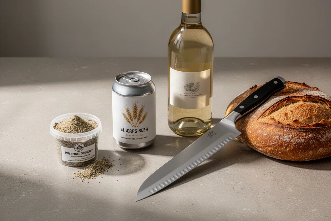 Seasoning tub, beer can, wine bottle and slicing knife arranged on a stone counter