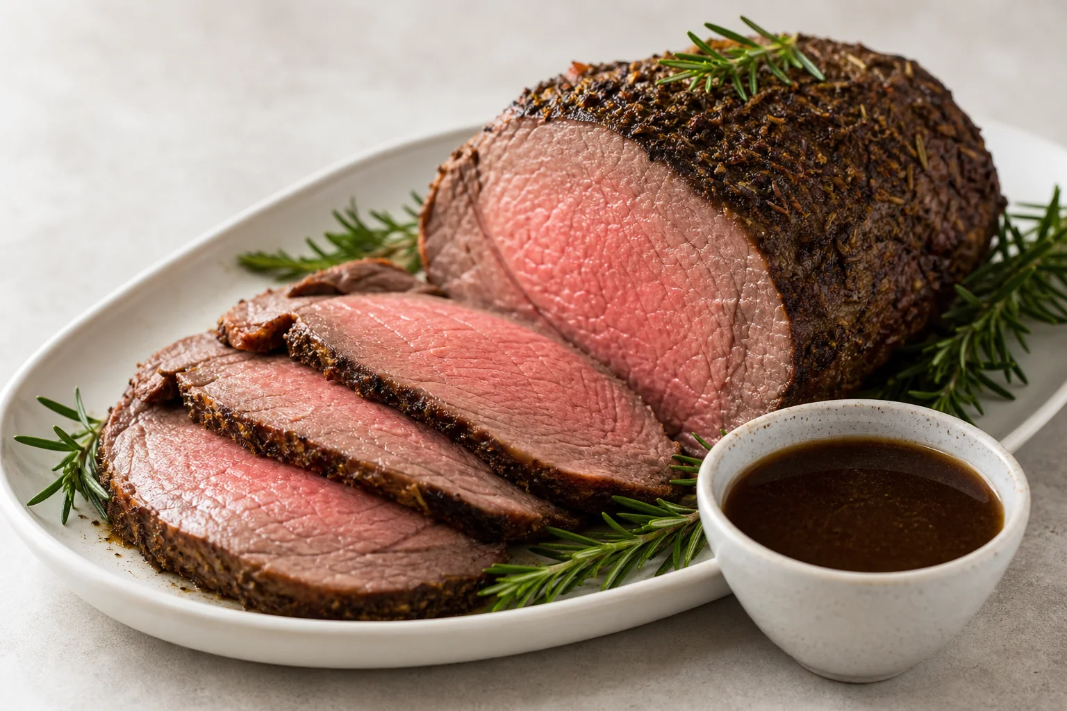 로즈마리 가니쉬와 오 주(au jus) 소스를 곁들여 흰 접시에 담긴 완성된 로스트 비프