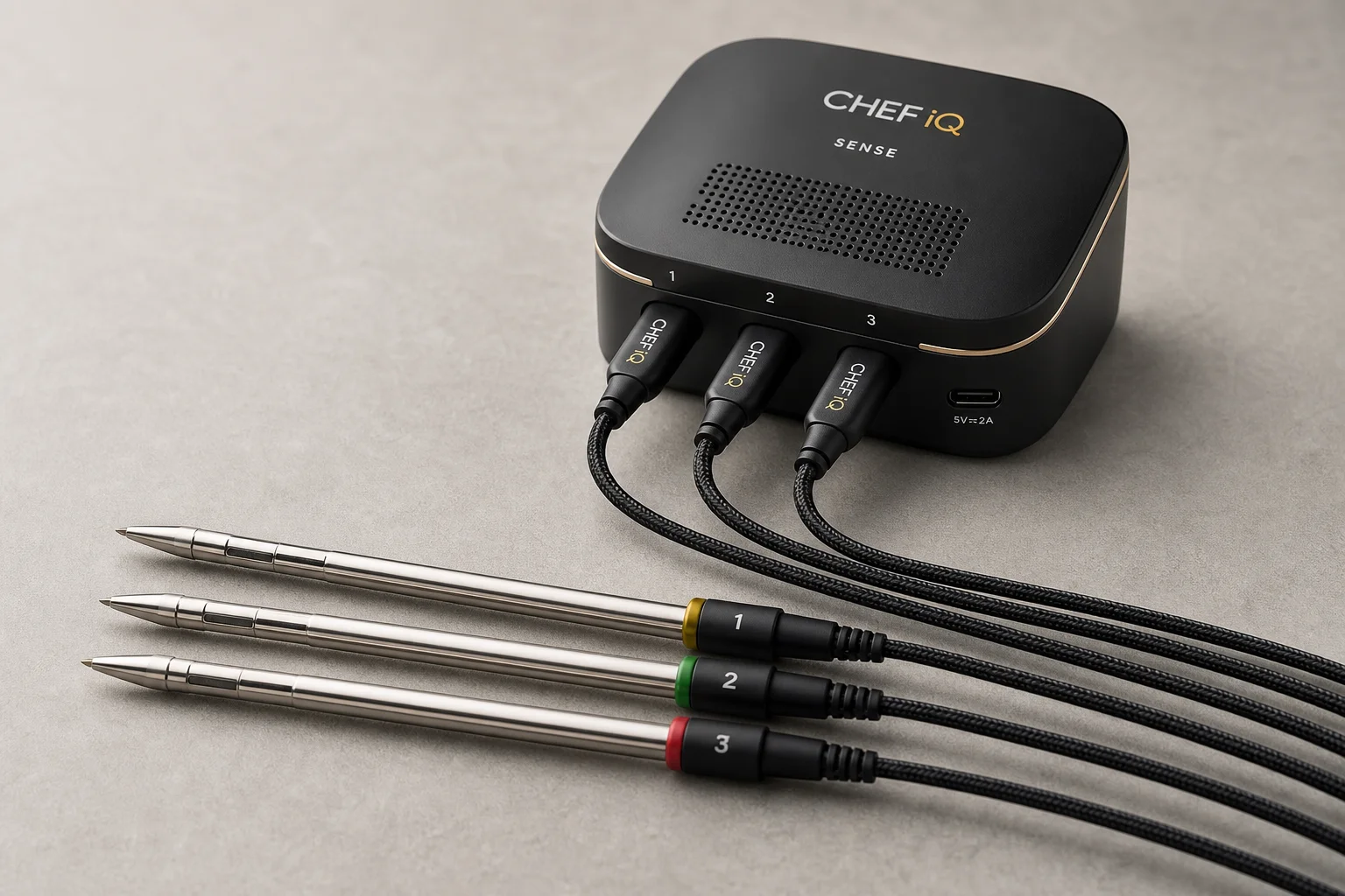 CHEF iQ Sense wireless meat thermometer base station with three probes on grey surface