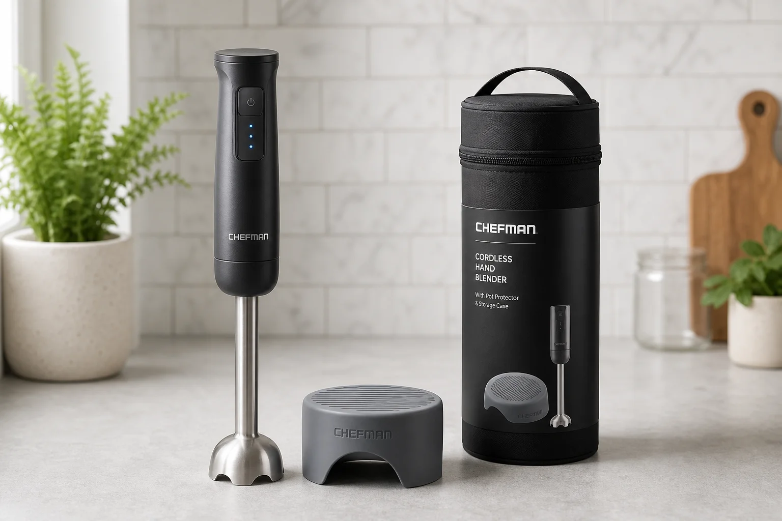 Collection of ten hand immersion blenders arranged on concrete surface