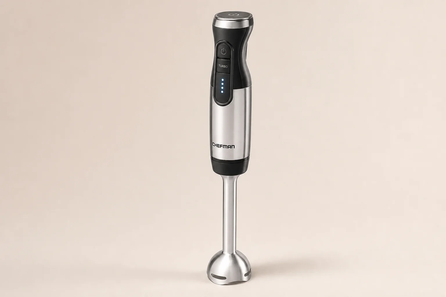 Stabmixer aus Edelstahl mit ergonomischem Griff und 4-flügeligem Messereinsatz
