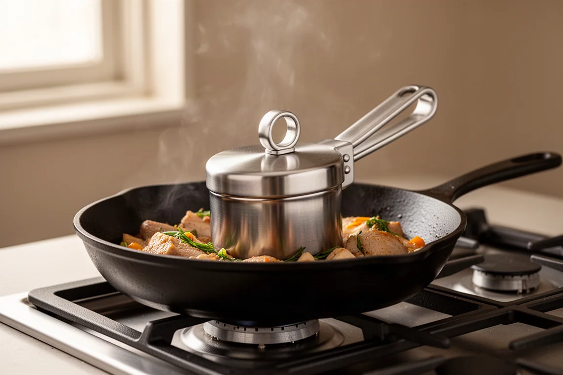 Stainless steel press weighting down food in a black skillet on a stovetop
