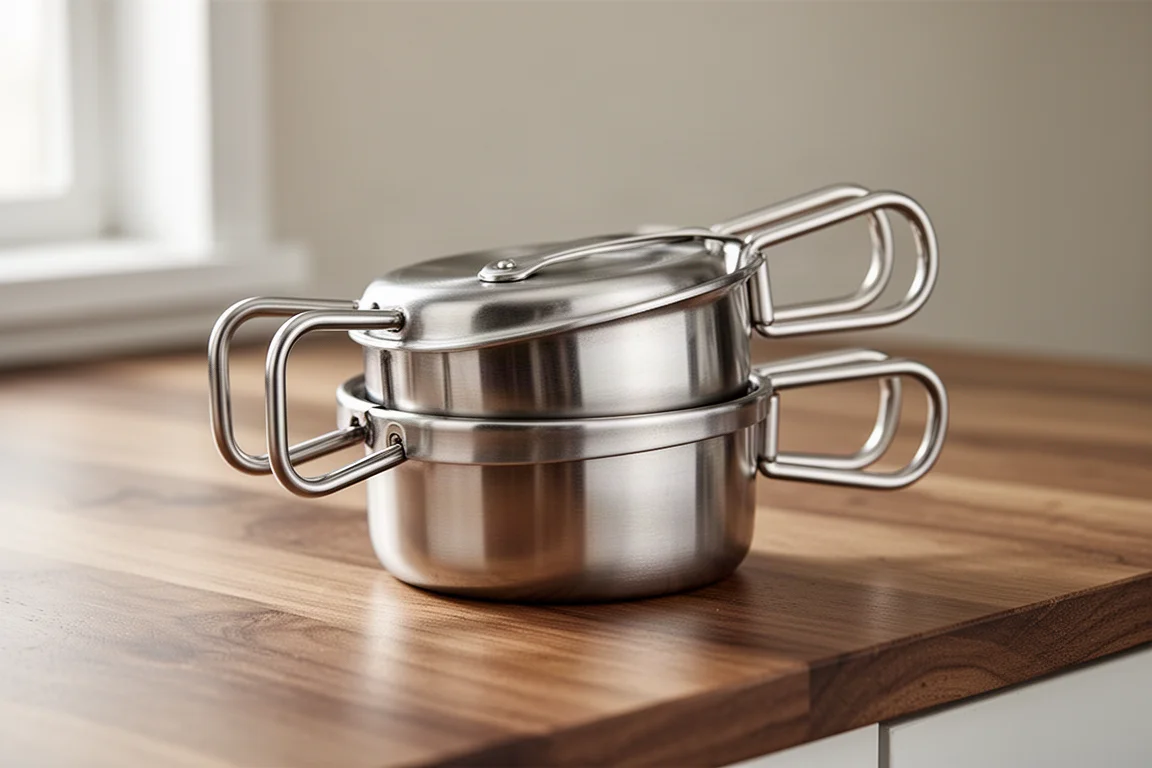 Two presses stacked and nested together on a wooden kitchen counter