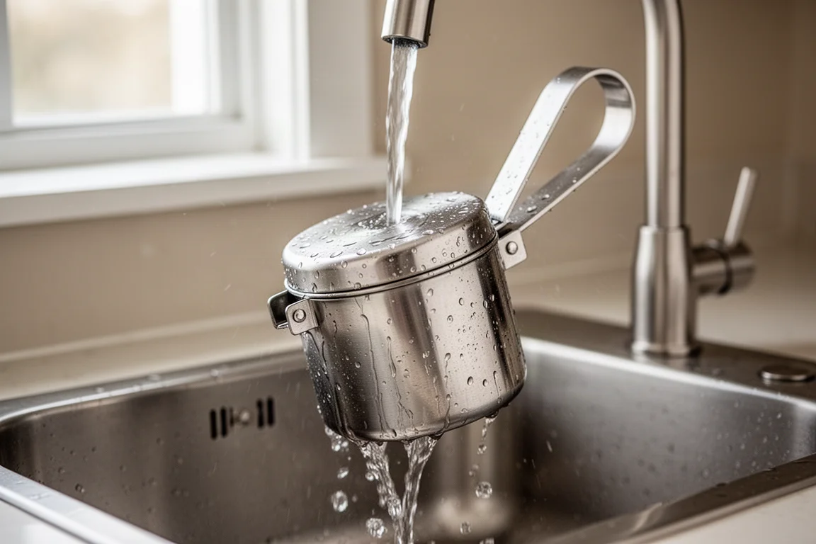 Stainless steel press being rinsed under running water at a kitchen sink