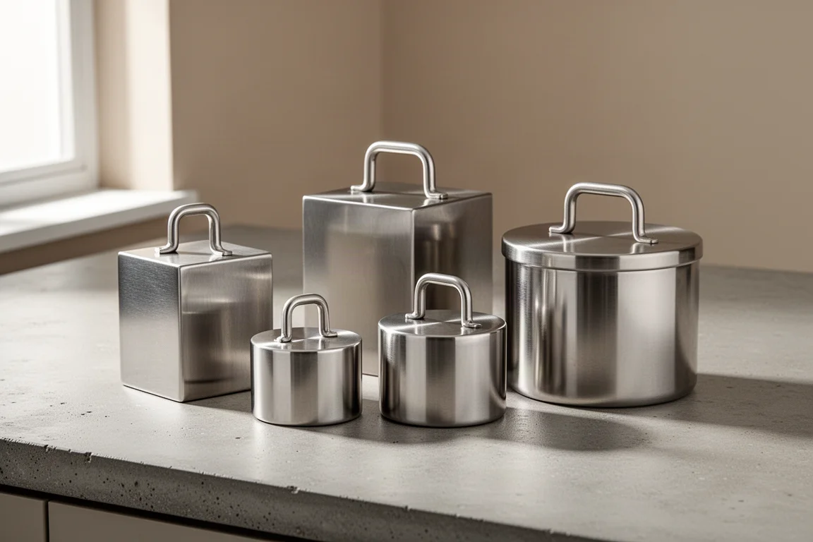 Four stainless steel food presses of different sizes lined up on a concrete counter