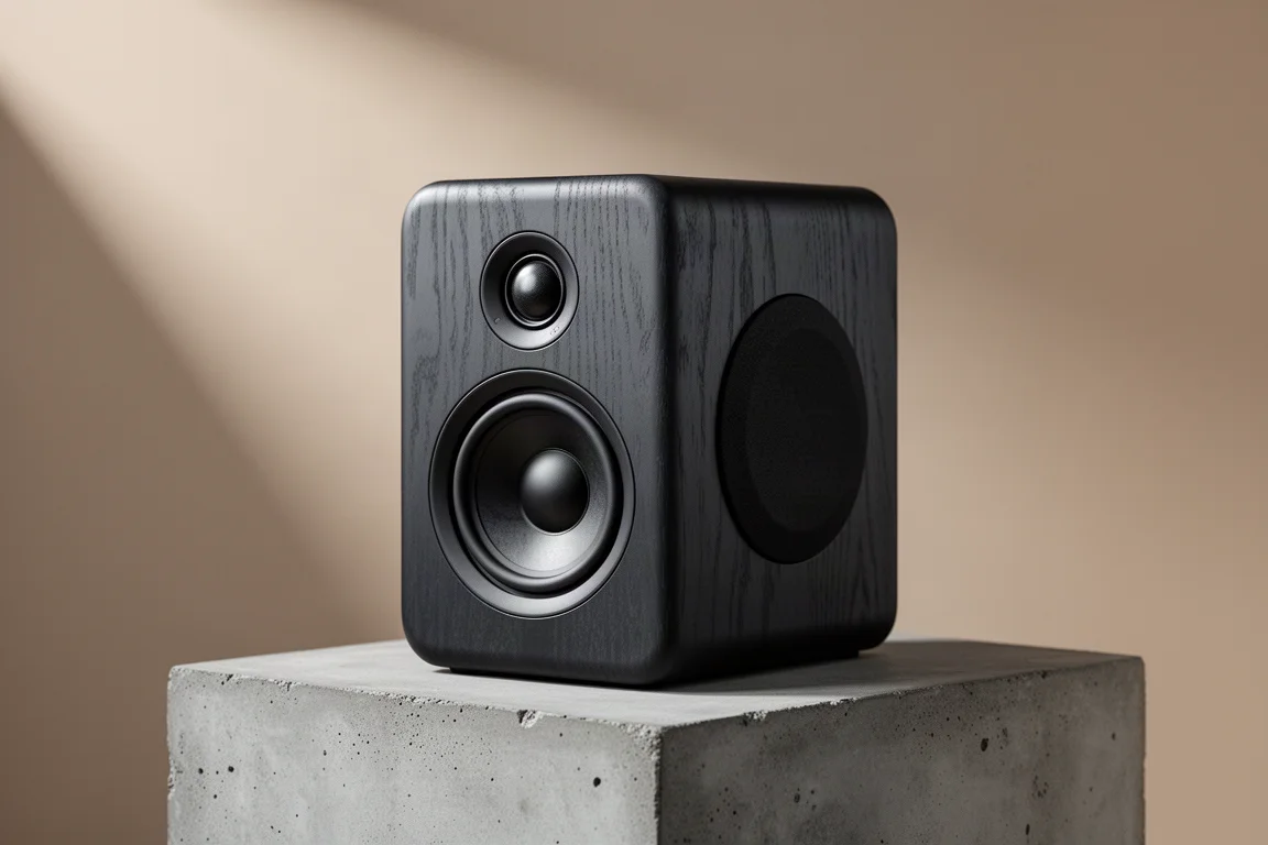 Compact dark veneer passive loudspeaker in three-quarter view on a concrete plinth