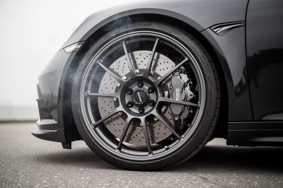 Sports car hamujący mocno przed zakrętem z poświatą na wentylowanych tarczach