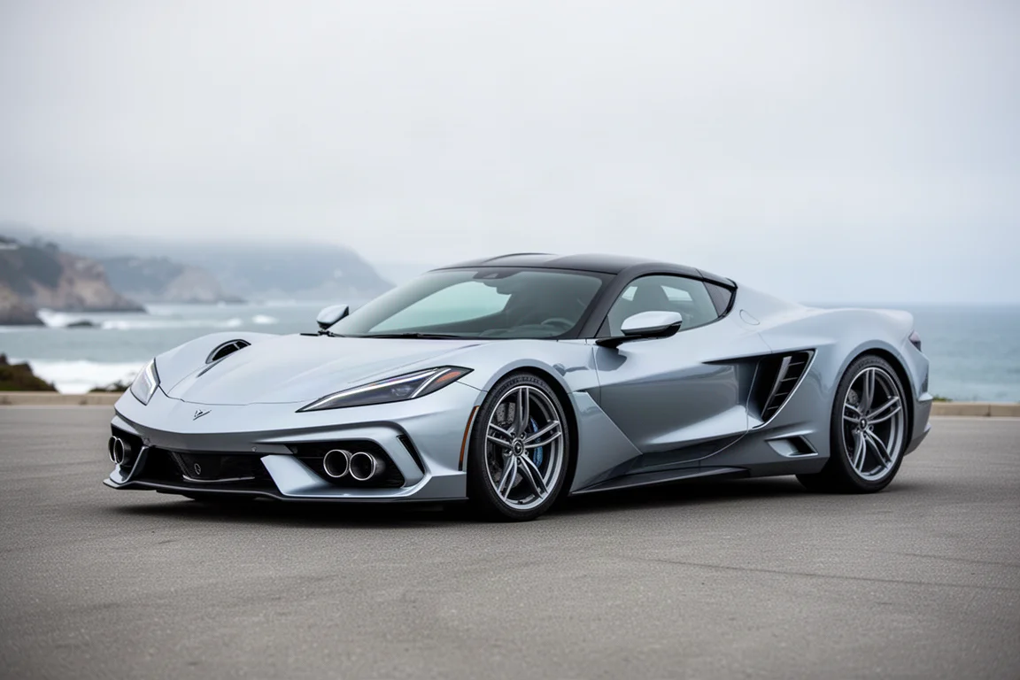 Mid-engine sports coupe in three-quarter front view on grey tarmac under overcast light