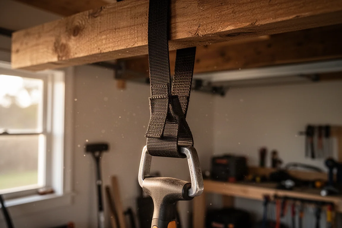 Handwerkzeug, das mit einem verstellbaren Nylonriemen von einer hölzernen Deckenlatte hängt