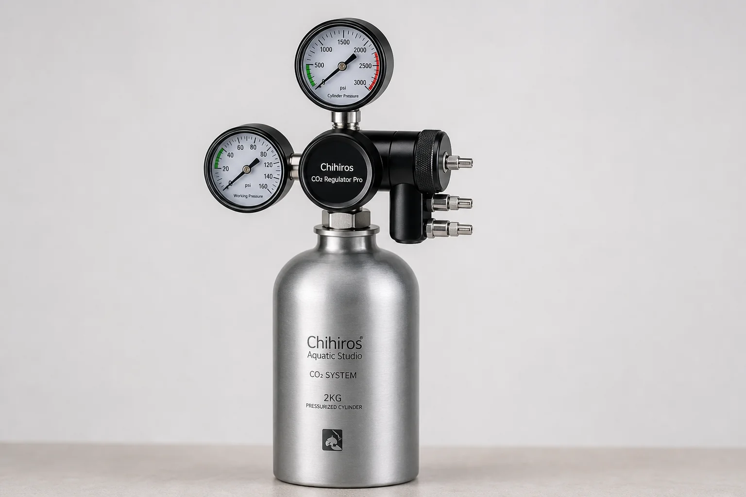 Cinque sistemi di CO2 per acquari, dai modelli fai-da-te ai regolatori professionali, disposti su una superficie grigia