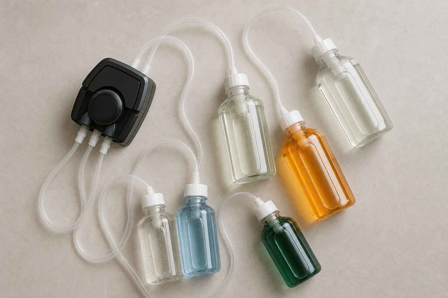 Fertilizer bottles with tubing connections arranged near dosing pump