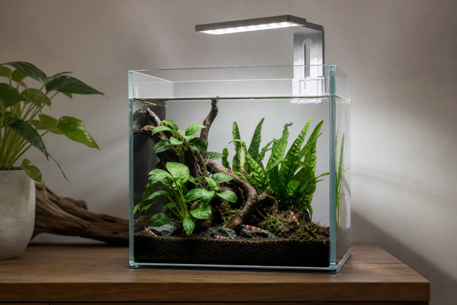 Nano-akvarium med räkor och lättskötta växter under vitt LED-ljus