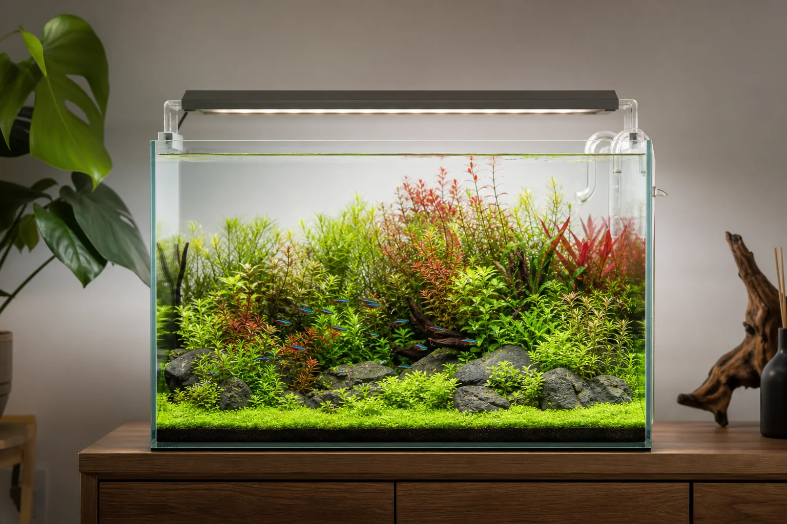 Medelstort växtakvarium med stängelväxter och mattbildande växter under RGB-belysning