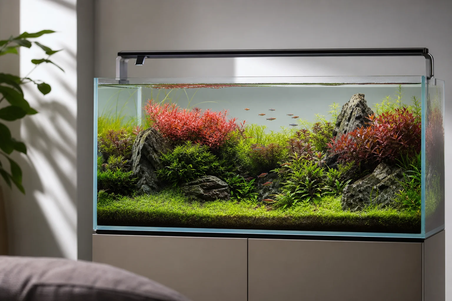 Stort aquascaping-akvarium med livfulla röda växter och djupt gröna blad under fullspektrumljus