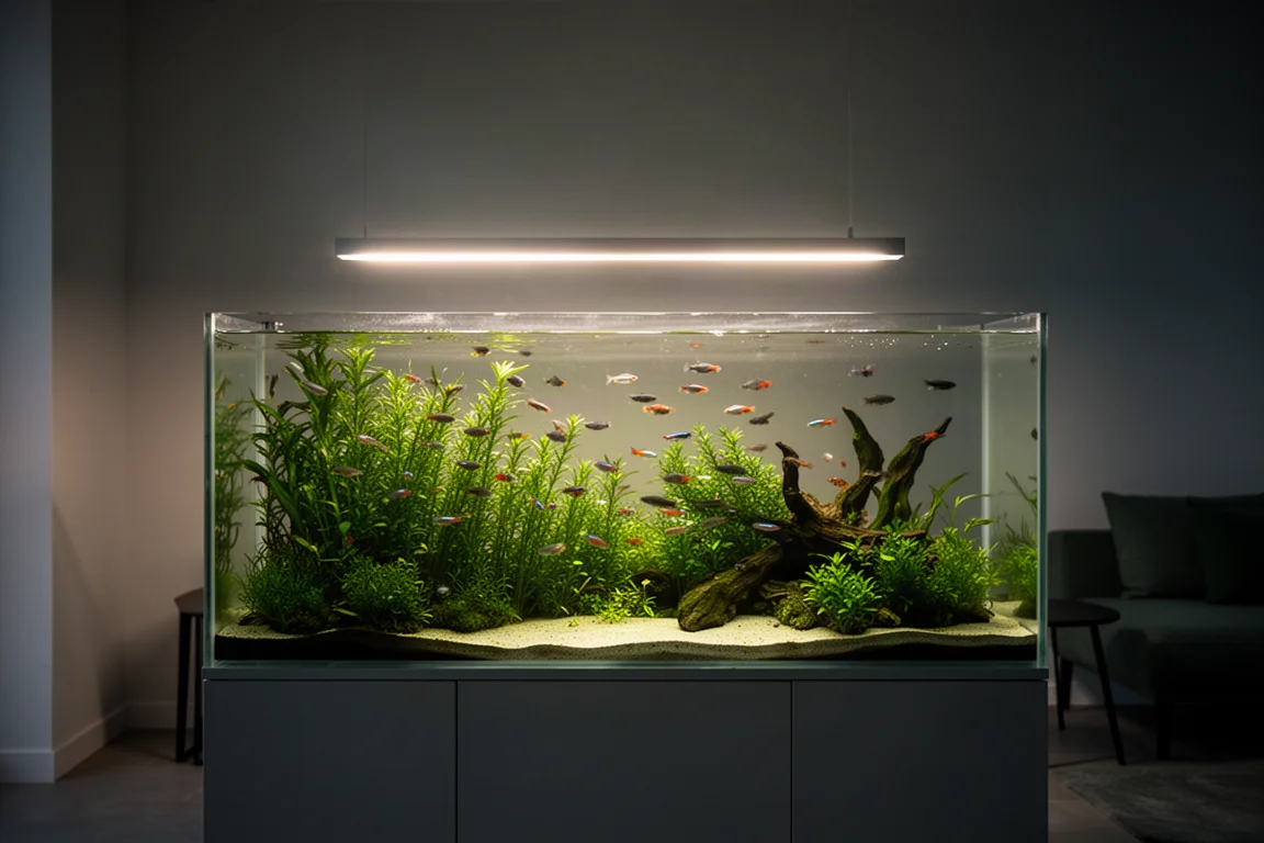 Acquario d'acqua dolce piantumato che brilla in un tranquillo soggiorno moderno al crepuscolo