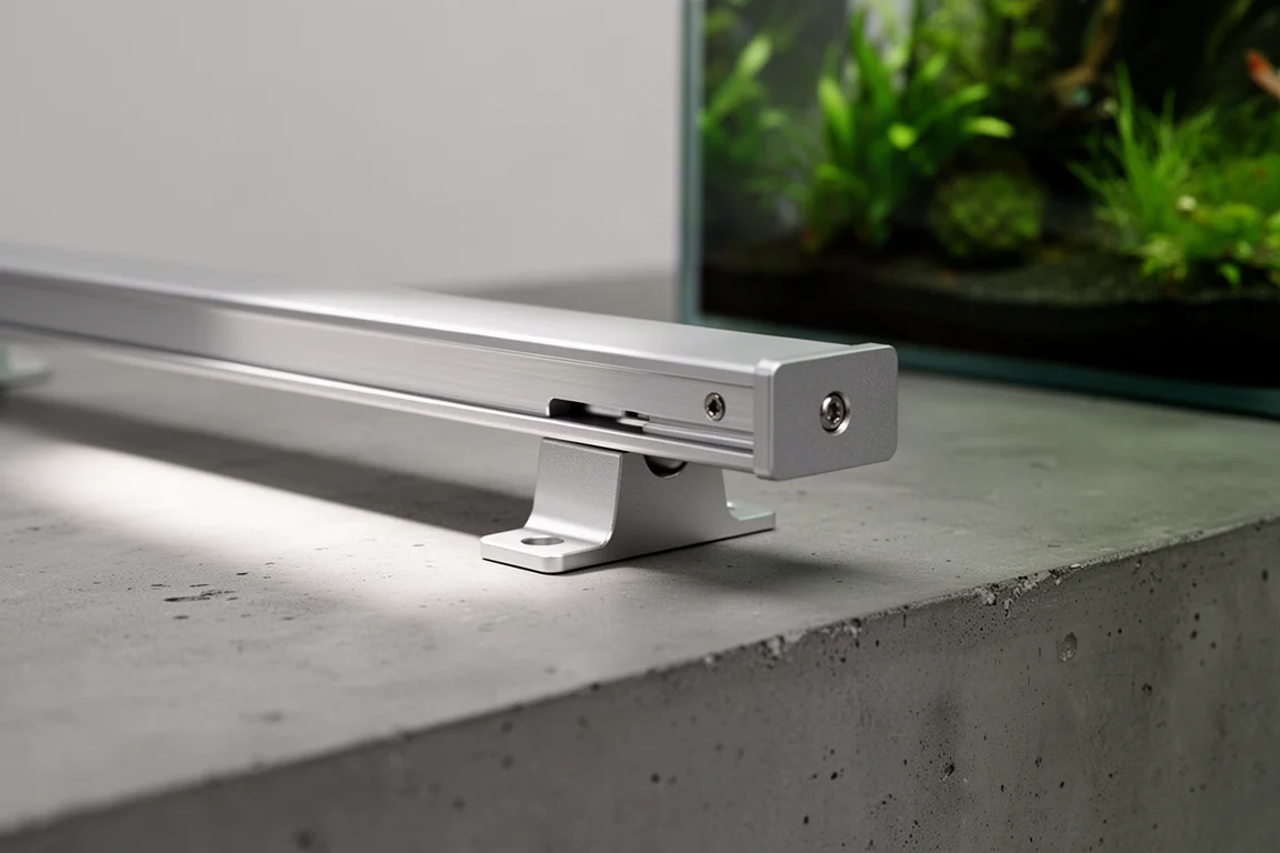 Primo piano del supporto di montaggio in alluminio su una sottile barra LED per acquario