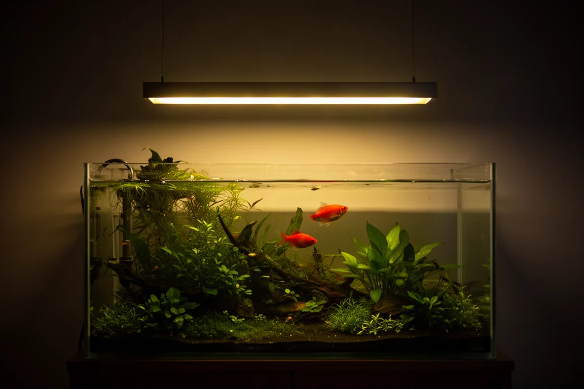 Acquario piantumato illuminato con luce calda e soffusa e fogliame verde intenso