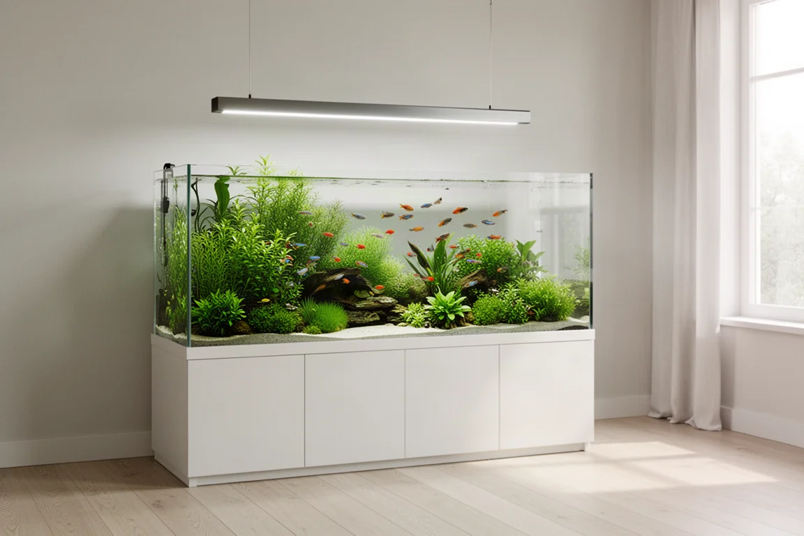 Grande acquario espositivo piantumato in un ambiente luminoso e ordinato
