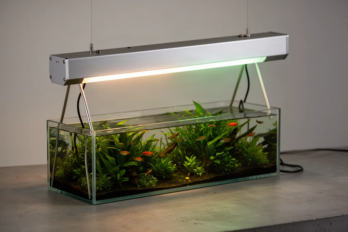 Barre d'éclairage LED d'aquarium en aluminium fin brillant au-dessus d'un bac densément planté