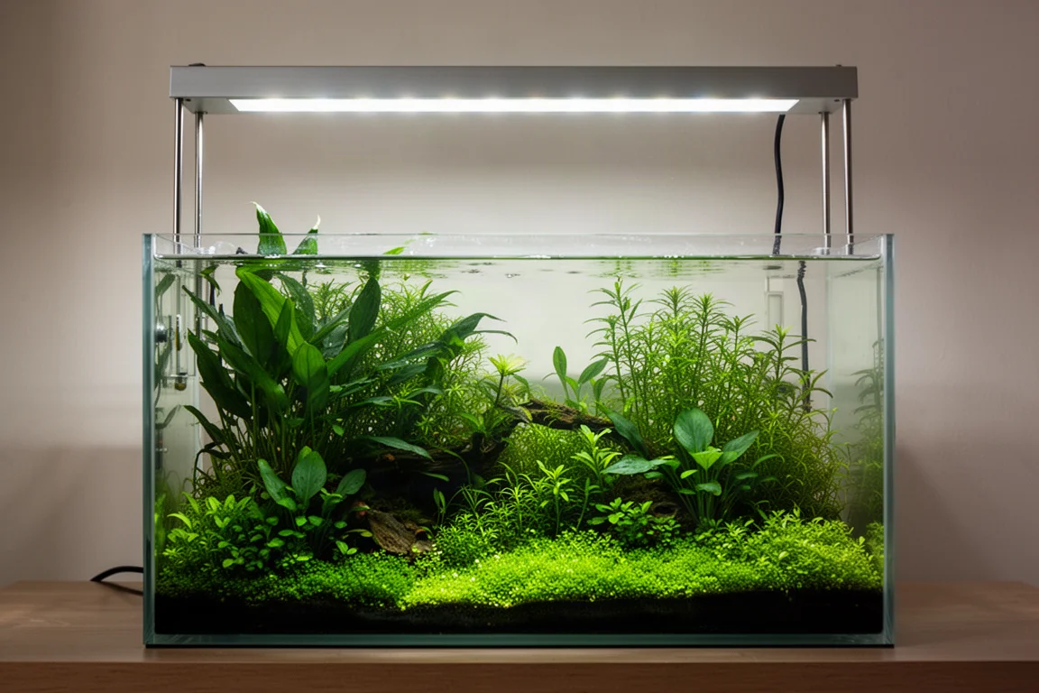 Dicht bepflanztes Süßwasseraquarium unter einer breiten LED-Leuchte mit leuchtend grünem Blattwerk