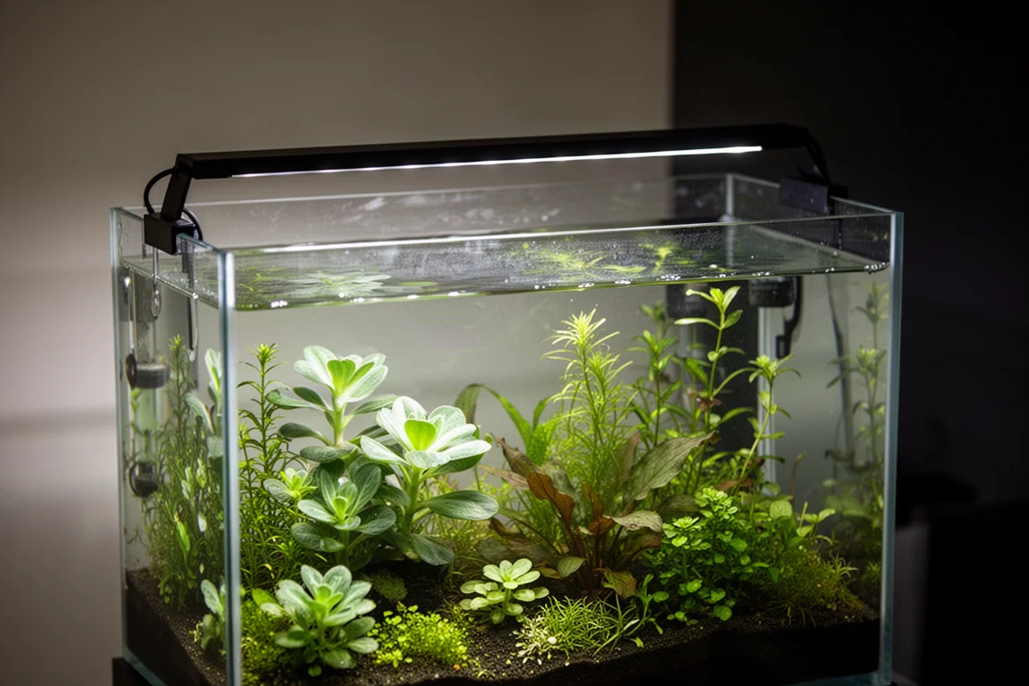 Rahmenloses bepflanztes Aquarium, beleuchtet von einer schmalen schwarzen LED-Leiste auf den Glasrändern