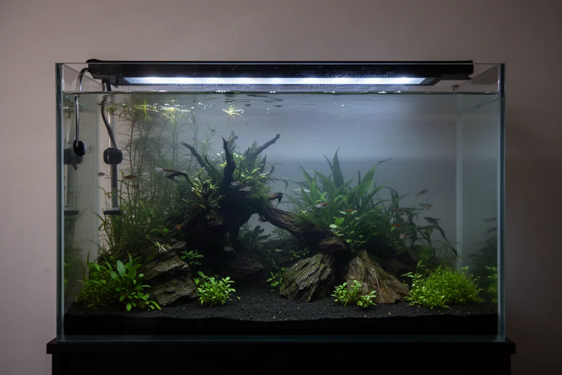 Bepflanztes Aquarium unter gedimmtem LED-Licht während einer langsamen Hochfahrphase am Morgen