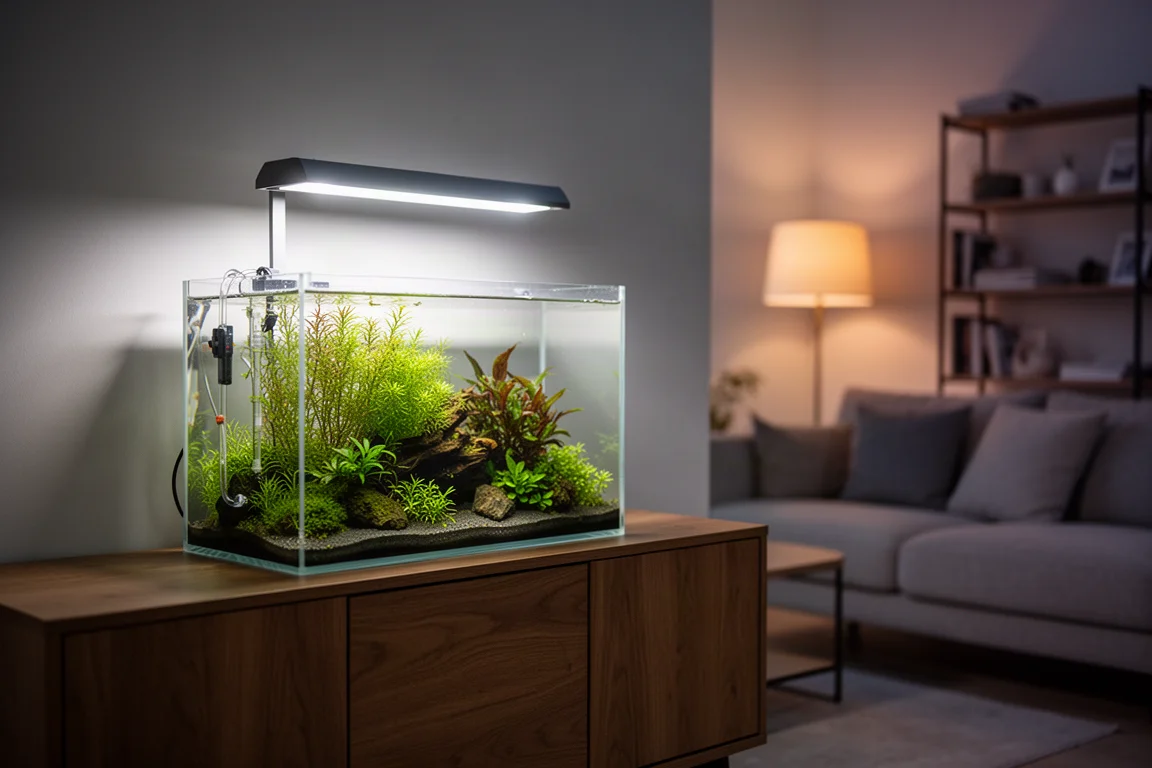 Bepflanztes Aquarium, das in der Abenddämmerung auf einem Holzschrank in einem modernen Wohnzimmer leuchtet