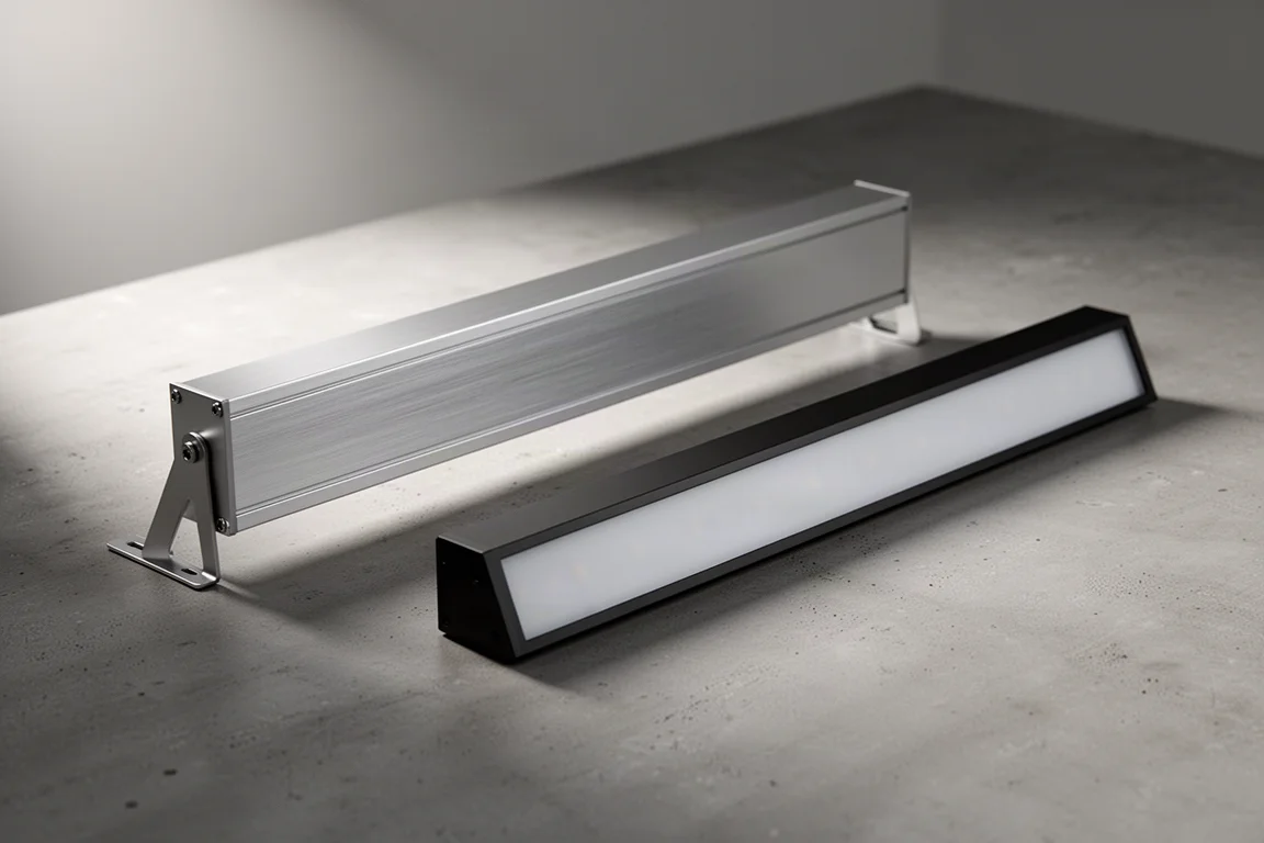 Deux rampes LED d'aquarium fines, l'une en aluminium large et l'autre en barre noire fine, posées sur du béton