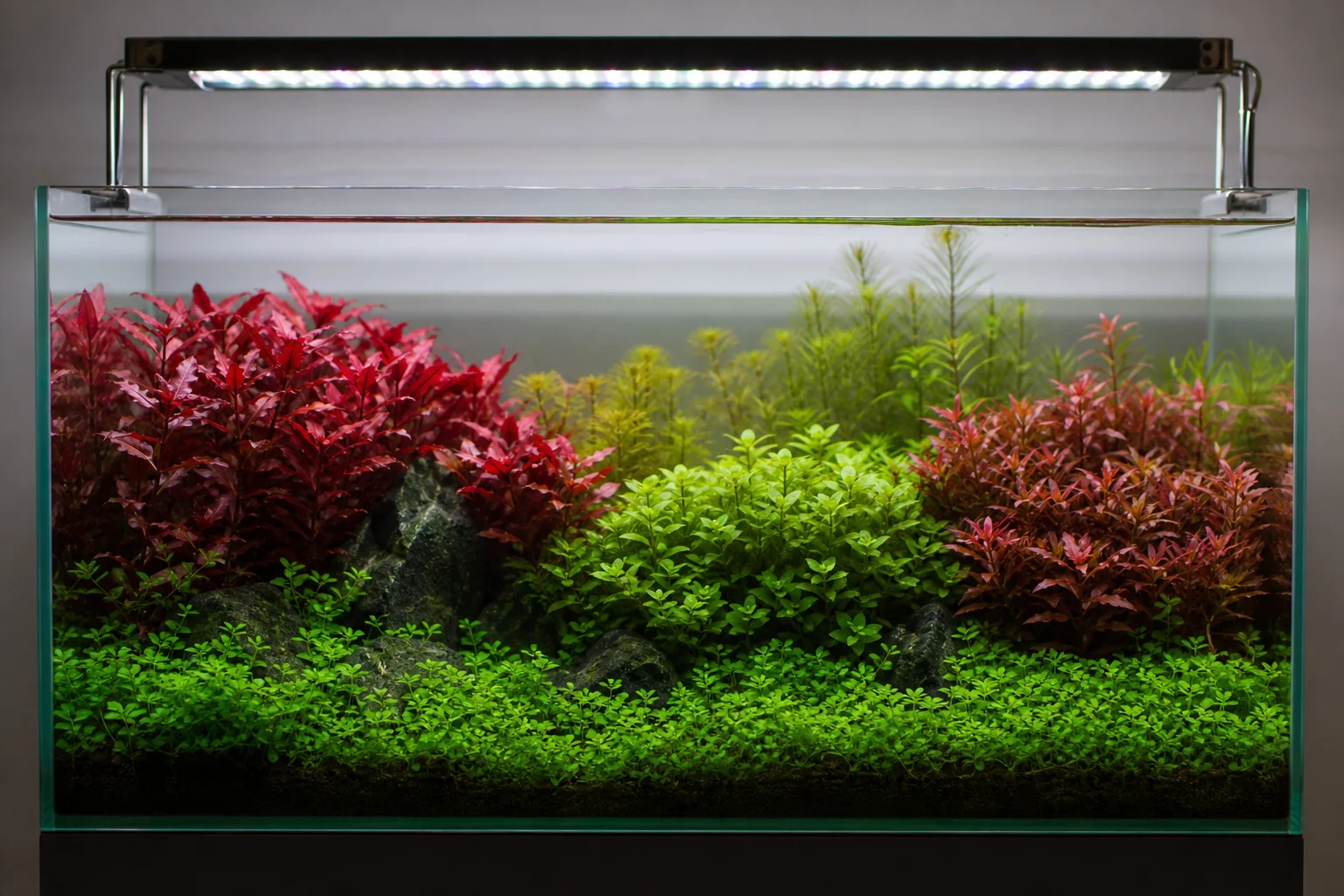 Planted aquarium with vibrant green plants and red stem plants under full-spectrum lighting