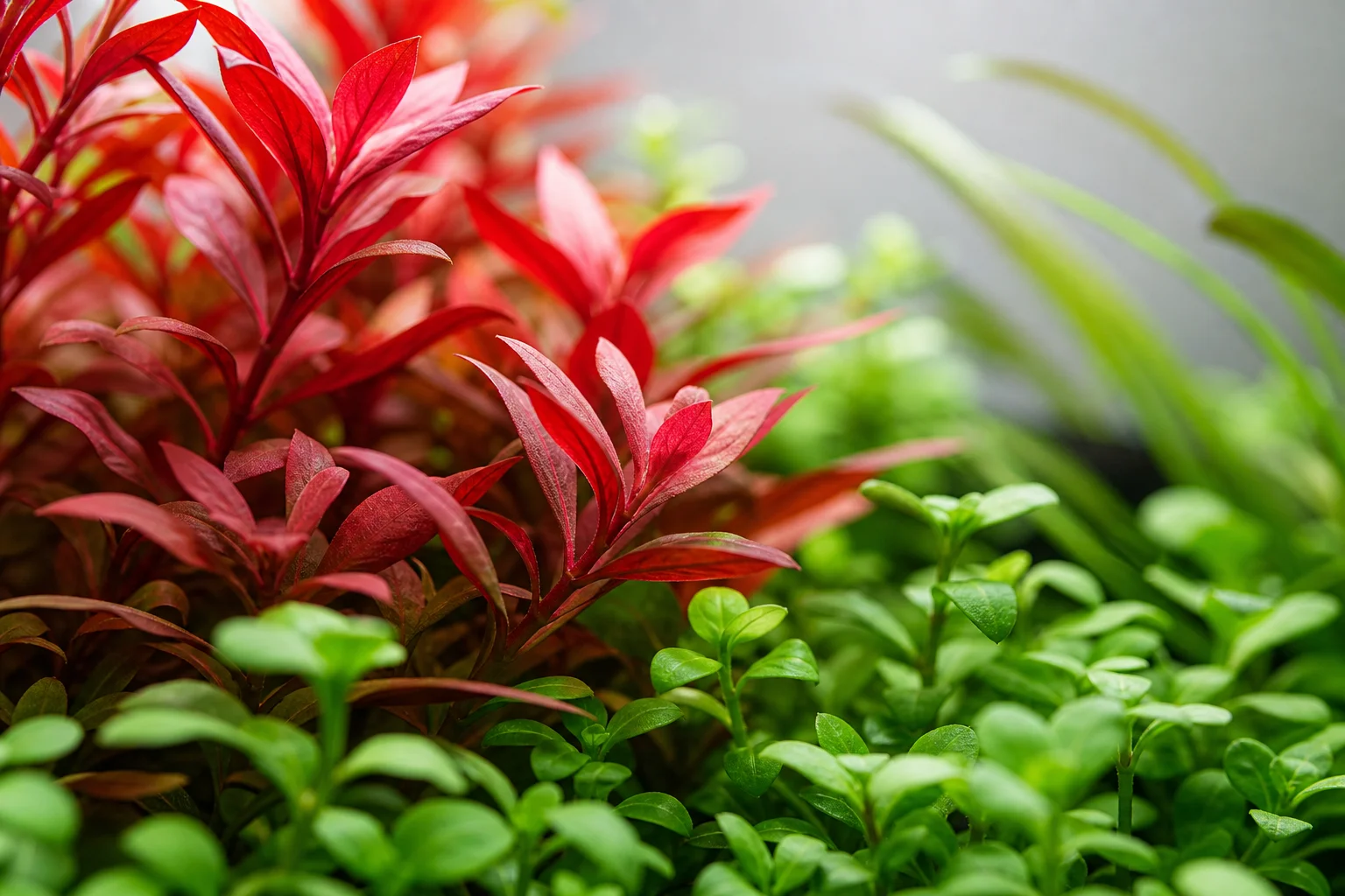Close-up of aquarium plants showing vibrant red and green coloration under LED spectrum