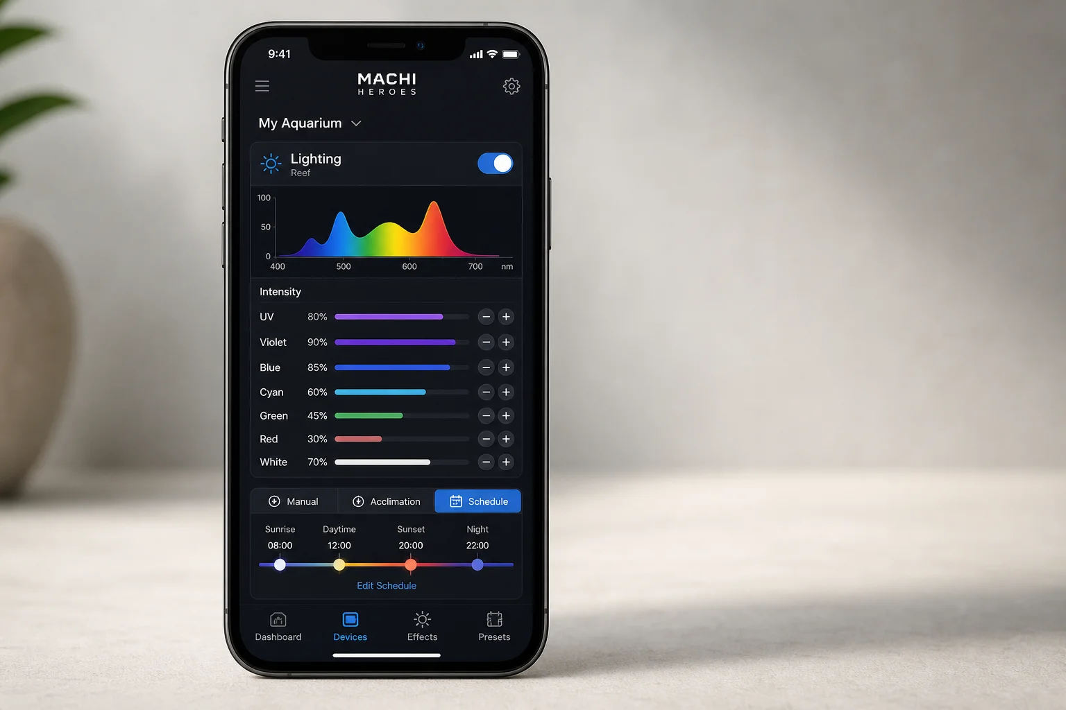Smartphone displaying aquarium lighting control app interface with customization options