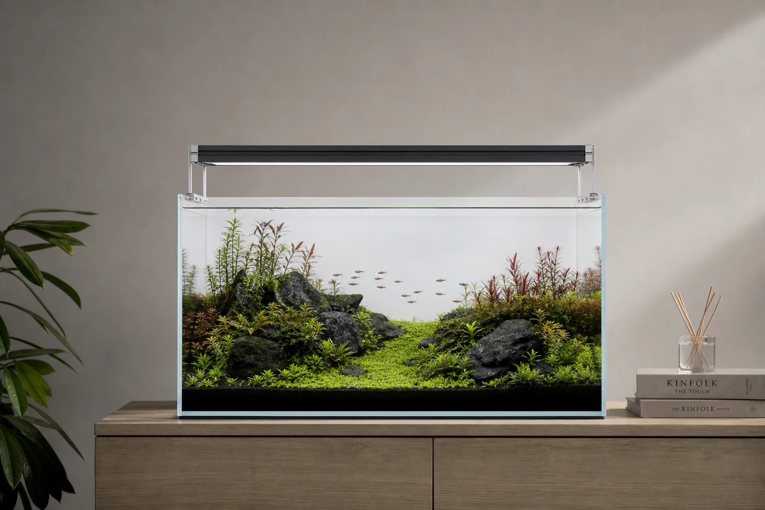 Aquarium setup with LED light mounted on aluminum holders above a rimless tank