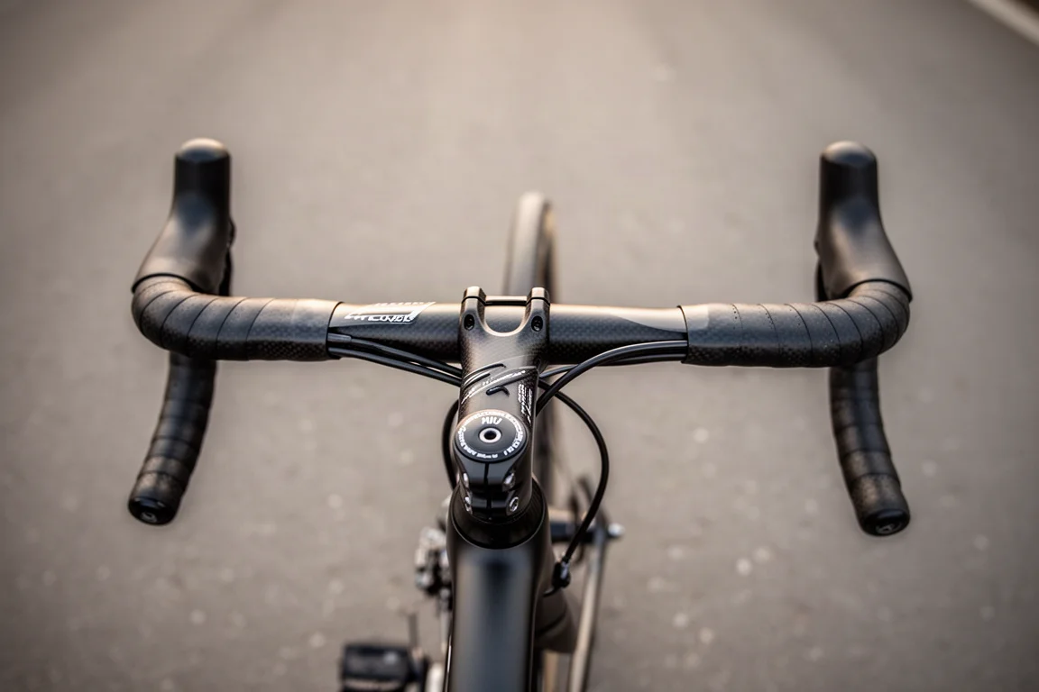 Rennrad-Cockpit-Ansicht mit Carbon-Rennlenker und sauberer Vorbauabdeckung