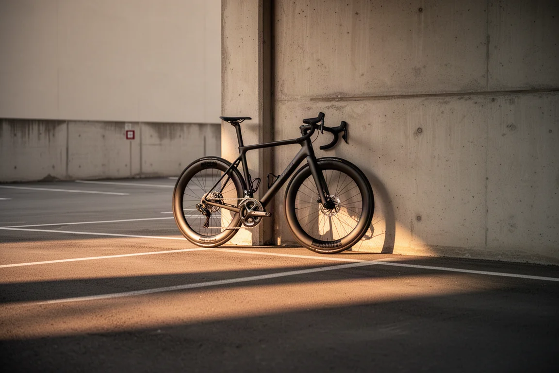 Rennrad lehnt bei Sonnenuntergang an einer Betonwand auf einem leeren Parkplatz