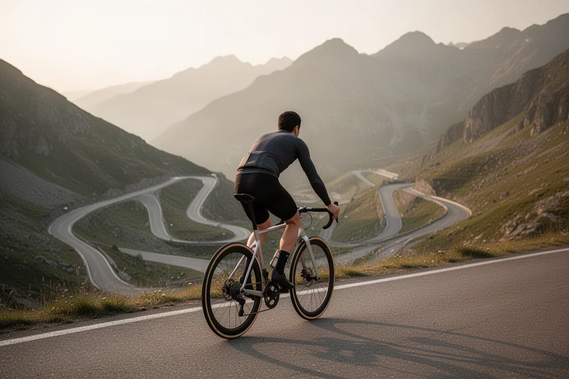 Radfahrer beim Anstieg auf steiler Bergstraße zur goldenen Stunde von hinten gesehen
